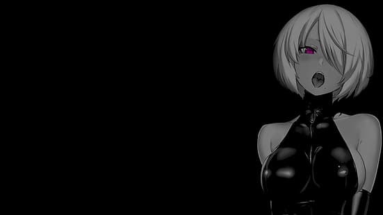 latar belakang hitam, latar belakang gelap, pewarnaan selektif, latar belakang sederhana, gadis anime, rambut di atas satu mata, mulut terbuka, Wallpaper HD HD wallpaper