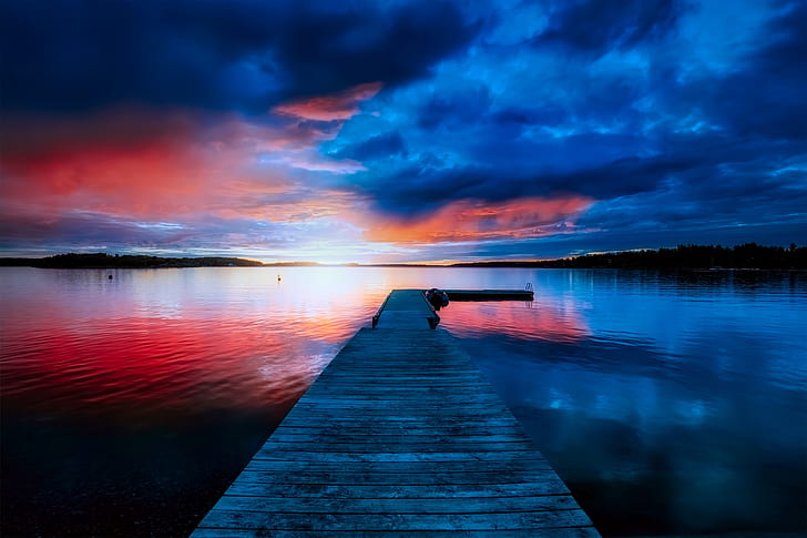 nature, clouds, dock, water, evening, lake, landscape, reflection, sunset, HD wallpaper