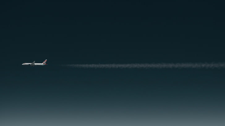 weißes Flugzeug, Flugzeug, Flugzeug, Weltraum, Minimalismus, Boeing 777, Kondensstreifen, HD-Hintergrundbild