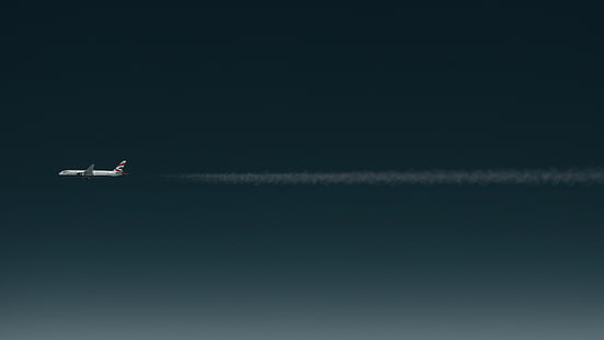 weißes Flugzeug, Flugzeug, Flugzeug, Weltraum, Minimalismus, Boeing 777, Kondensstreifen, HD-Hintergrundbild HD wallpaper