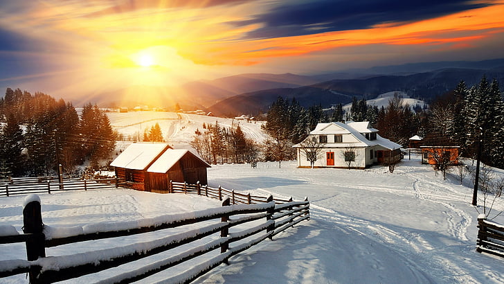 musim dingin, desa, pagar, salju, desa gunung, langit, matahari terbit, pegunungan, 5k, fajar, gunung, 5k uhd, rumah, cahaya, Wallpaper HD