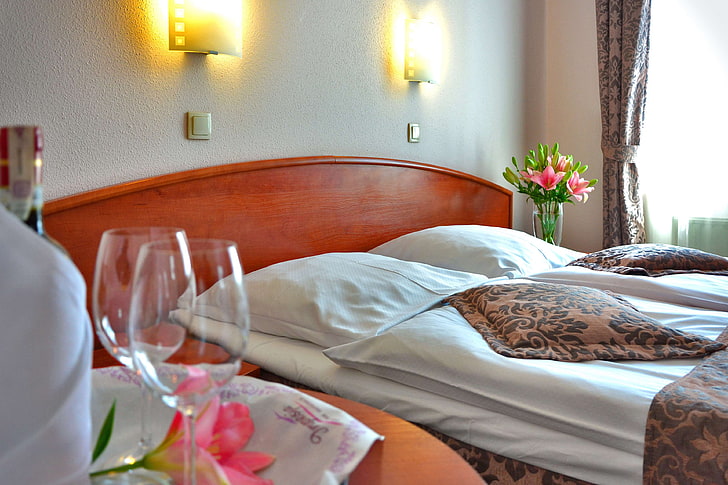 accomodation, bed, hotel, hotel room, wine glasses, HD wallpaper