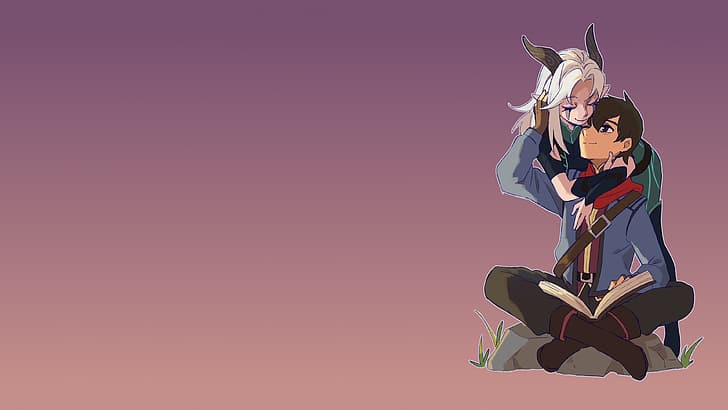 The Dragon Prince, Callum, Rayla, gradient, simple background, purple background, horns, elves, elven, purple skin, white hair, tight clothing, boots, leather boots, jacket, blue jacket, scarf, red scarfs, gloves, armlet, bracelets, hugging, couple, closed eyes, brown eyes, brunette, long hair, bangs, short hair, backpacks, fingerless gloves, pointy ears, HD wallpaper