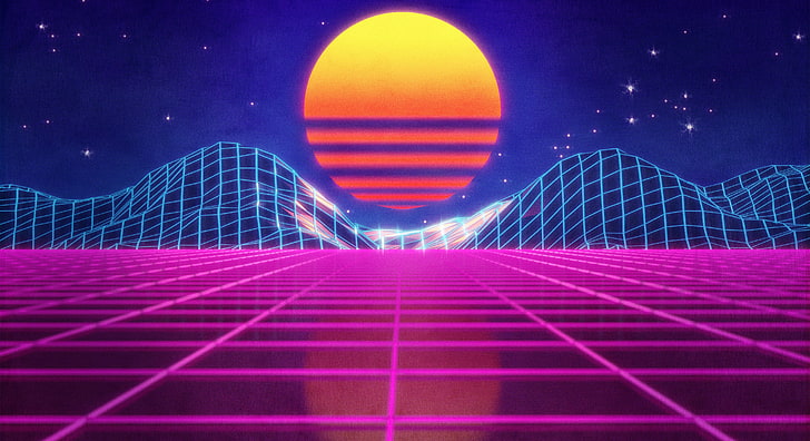 The sun, Mountains, Music, Stars, Neon, Elektroniczna, Synthpop, Darkwave, Synth, Retrowave, Synth-pop, Sinti, Synthwave, Synth pop, Tapety HD