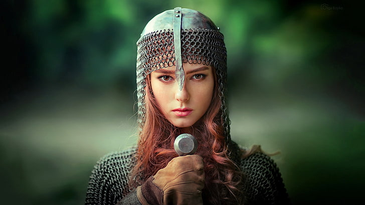 greens, girl, background, portrait, sword, makeup, hairstyle, helmet, beauty, knight, mail, bokeh, Olga Boyko, A warrior, HD wallpaper