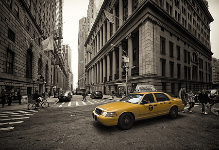 yellow Ford taxi sedan, taxi, New York City, traffic, vehicle, selective coloring, cityscape, car, HD wallpaper HD wallpaper