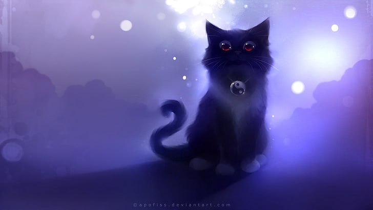 long-fur black and white cat wearing yin-yang necklace illustration, cat, black, drawing, night, apofiss, HD wallpaper