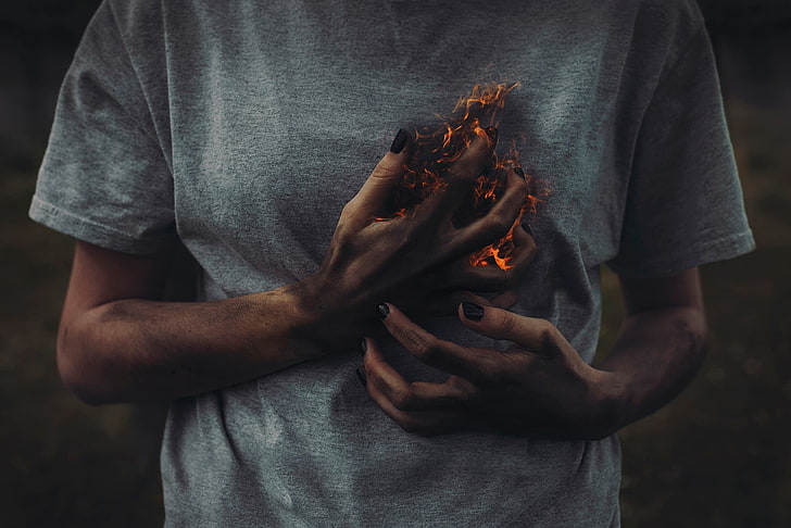 emotion, fire, hands, painted nails, HD wallpaper