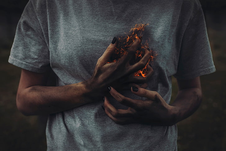 fire, emotion, hands, painted nails, HD wallpaper