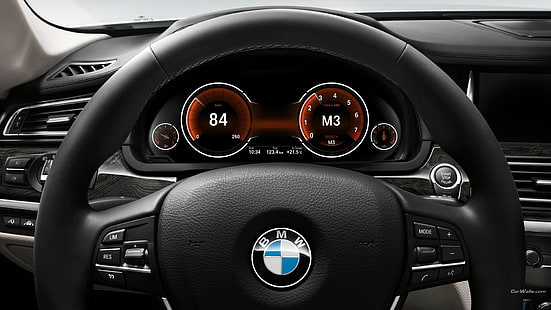 검은 BMW 자동차 스티어링 휠, BMW 7, 스티어링 휠, 자동차, 차량, BMW, HD 배경 화면 HD wallpaper