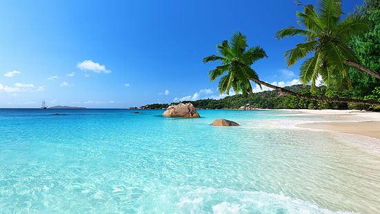 Anse Lazio, île de Praslin, Seychelles, meilleures plages de 2016, Travellers Choice Awards 2016, Fond d'écran HD HD wallpaper