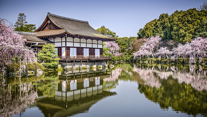 Heian Jingu, Kyoto, Japão, flores, lagoa, primavera, Heian, Jingu, Kyoto, Japão, flores, lagoa, primavera, HD papel de parede