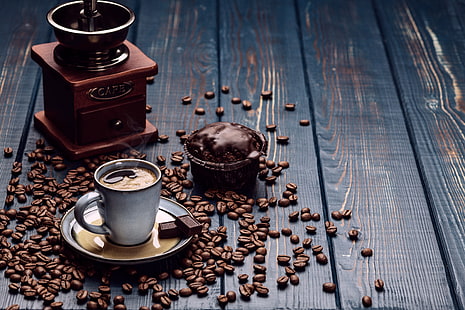 Kaffee, Schokolade, Kuchen, Kaffeebohnen, Cupcake, Tasse und Untertasse, HD-Hintergrundbild HD wallpaper