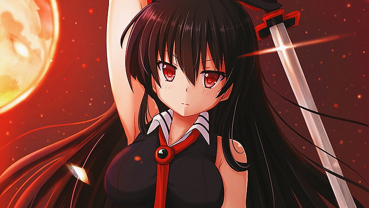 иллюстрация черноволосой женщины, аниме, Akame Ga Kill !, Akame (Akame Ga Kill!), черные волосы, румяна, девушка, катана, длинные волосы, красные глаза, оружие, HD обои