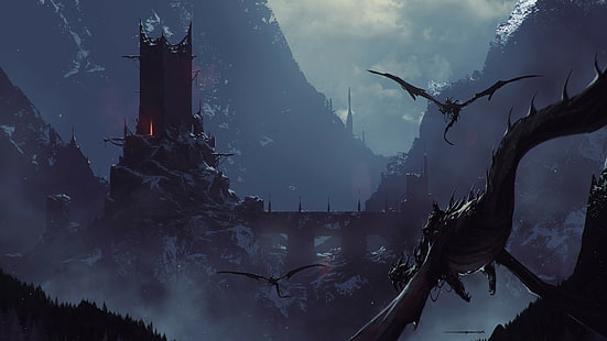 футуристический дракон и замок обои, дракон, темные души, фэнтези арт, HD обои HD wallpaper