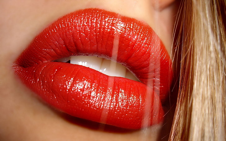 red lip, lips, teeth, red, lipstick, girl, hair, HD wallpaper