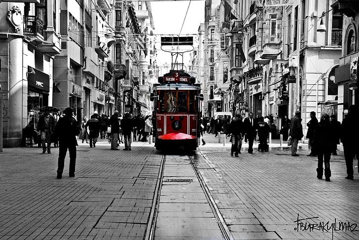 fotografia selektywnej barwy pociągu, Stambuł, Turcja, taksim, selektywne barwienie, pojazd, pejzaż miejski, Tapety HD