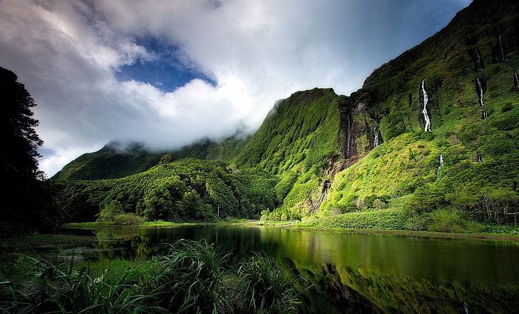 wodospady w ciągu dnia, zieleń, przyroda, krajobraz, chmury, woda, Tapety HD