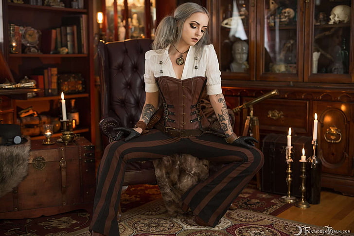 Genevieve, steampunk, steamgirls, ForbiddenRealm, model, tattoo, corset, gloves, Wallpaper HD