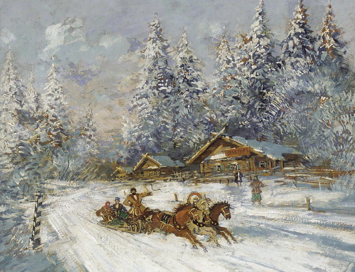 inverno, cavalo, três, Konstantin Korovin, Troika correndo pela neve, HD papel de parede