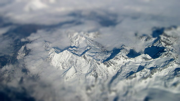 горы, снег, сдвиг наклона, пейзаж, вид сверху, HD обои