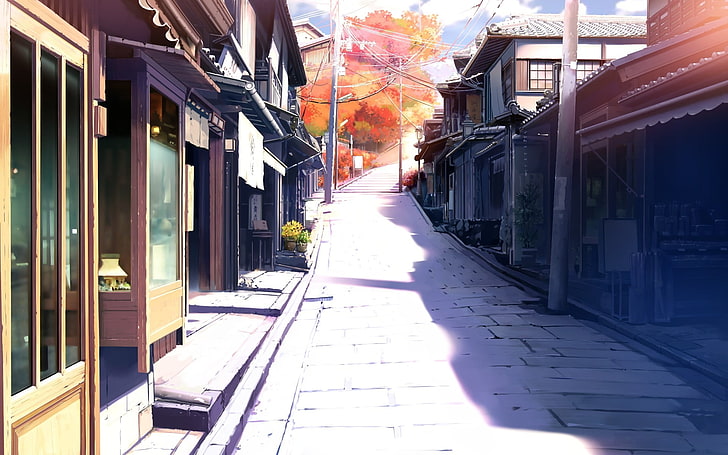 brown wooden housse, drawing, landscape, road, city, architecture, fall, anime, HD wallpaper