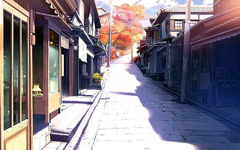 brązowy drewniany dom, rysunek, krajobraz, droga, miasto, architektura, jesień, anime, Tapety HD HD wallpaper