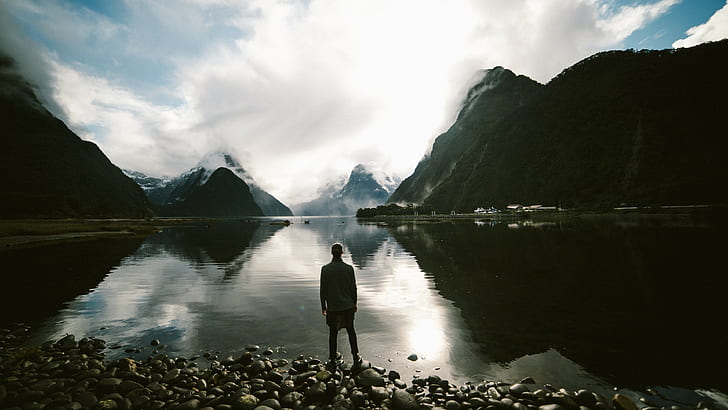 hommes, Milford Sound, montagnes, neige, Nouvelle-Zélande, Fond d'écran HD