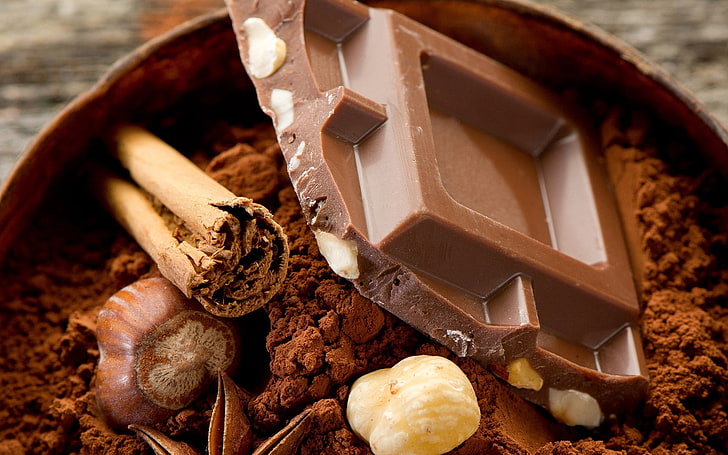 cokelat batangan, cokelat, kacang, kakao, kayu manis, Wallpaper HD