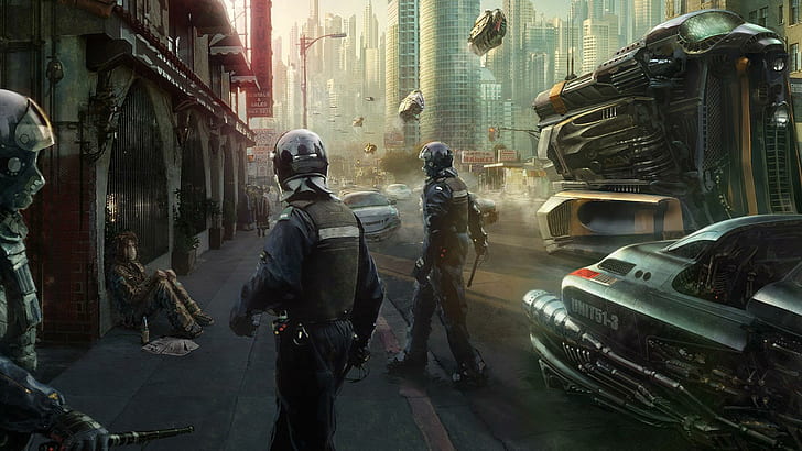 Oficiales de policía en ciudad futurista, aplicación de juegos, fantasía, 1920x1080, ciudad, futuro, policía, Fondo de pantalla HD