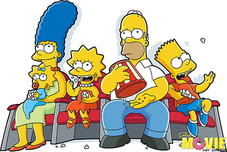 ภาพประกอบ The Simpsons Homer, Maggie, Simpsons, Homer, Lisa, Marge, Popcorn, Bart, วอลล์เปเปอร์ HD HD wallpaper