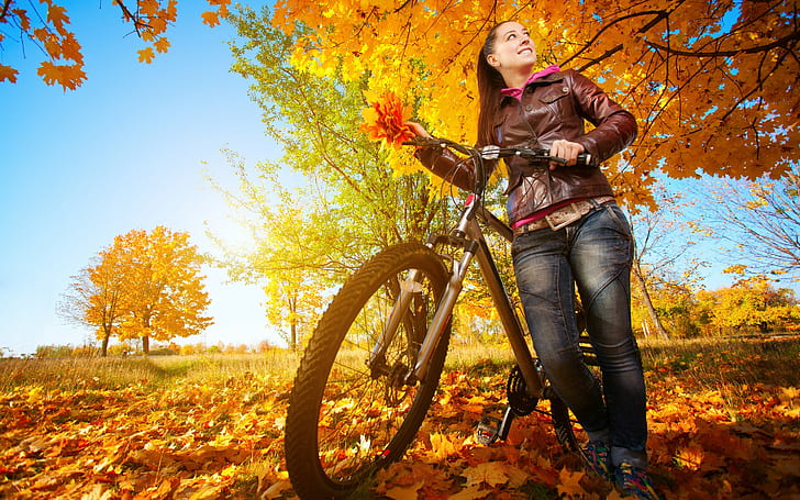 mujer, modelo, naturaleza, bicicleta, árboles, Fondo de pantalla HD