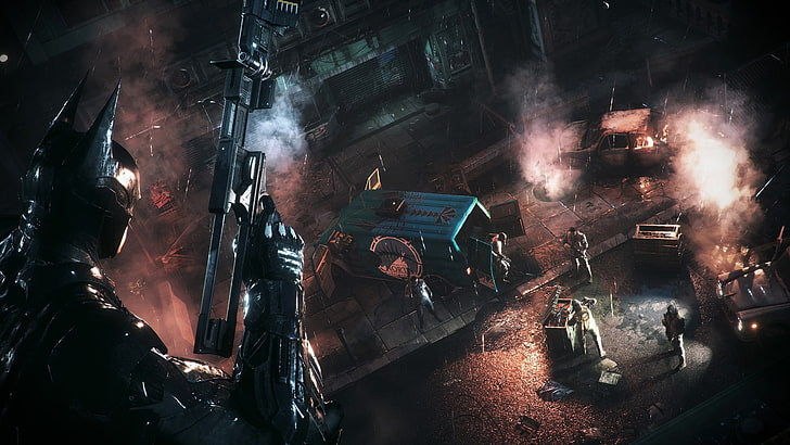 Cyfrowa tapeta postać w czarnej zbroi trzymająca karabin, Batman, Batman: Arkham Knight, Gotham City, gry wideo, Tapety HD