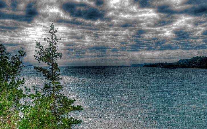 Rain Over Lake Superior Hdr, trees, lake, rain, clouds, nature and landscapes, HD wallpaper