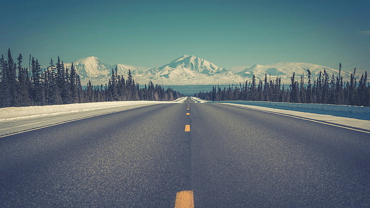 road, highway, sky, nature, horizon, infrastructure, winter, road trip, asphalt, mountain range, mountain, lane, HD wallpaper