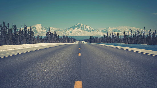 jalan, jalan raya, langit, alam, horison, infrastruktur, musim dingin, perjalanan, aspal, pegunungan, gunung, jalur, Wallpaper HD HD wallpaper