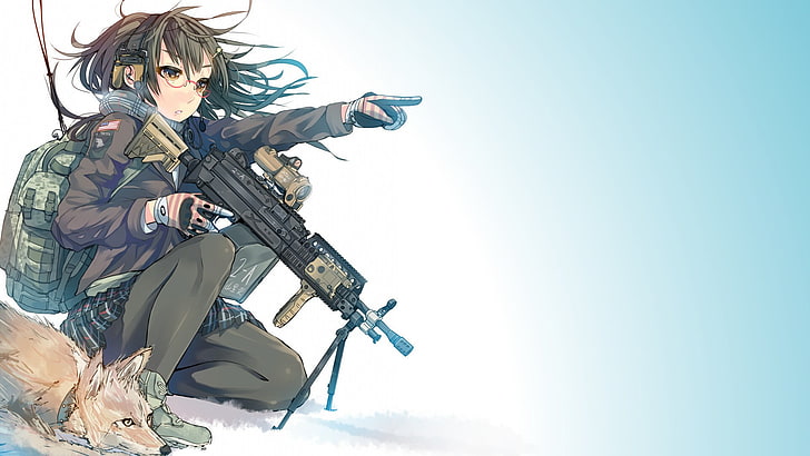 аниме девушки, аниме, оружие, очки, лиса, колготки, дайто, оригинальные персонажи, M249 SAW, девушки с оружием, HD обои