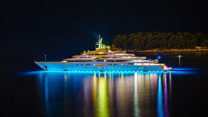 boat, night, lights, yachts, reflection, water, ship, trees, HD wallpaper