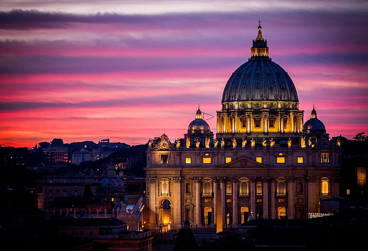 كاتدرائية القديس بول ، مدينة الفاتيكان ، روما ، إيطاليا ، الفاتيكان ، كاتدرائية سانت بيترز ، مدينة الفاتيكان ، كاتدرائية سانت بيترز ، الهندسة المعمارية ، المدينة ، الليل ، السماء ، غروب الشمس، خلفية HD