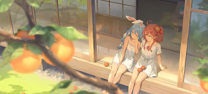 anime dziewczyny, anime, siedzenie, pomarańcza (owoc), Hololive, sukienka, Usada Pekora, Sakura Miko, Tapety HD HD wallpaper