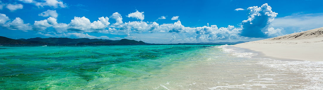 pantalla múltiple, mar, playa, agua, nubes, cielo, Fondo de pantalla HD HD wallpaper