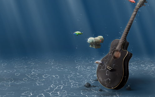 Underwater, Guitar, Artistic, Music, 3d, musical instruments, fish, sea, underwater, guitar, artistic, music, 3d, musical instruments, fish, sea, HD wallpaper HD wallpaper