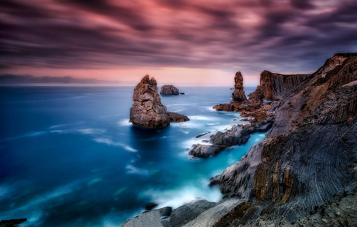 depth of field photography of rock formations and cliff, costa, quebrada, depth of field, photography, rock, formations, cliff, red  sky, water, beach, sunset, sunrise, travel, amazing, beautiful, flickr, wow, photo, landscape, cantabria, tre, fantasy, pink, new  moon, spain, santander, sea, nature, rock - Object, coastline, scenics, blue, sky, HD wallpaper