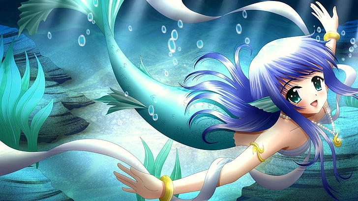 blue mermaid anime illustration, anime, girl, mermaid, tail, smile, HD wallpaper