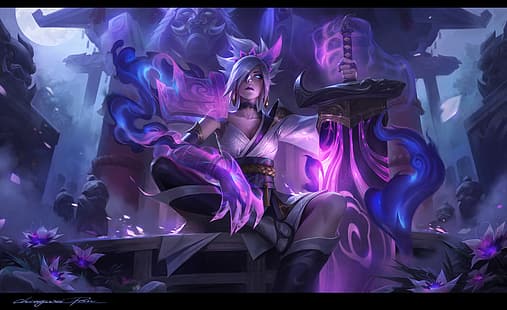  Chengwei Pan, drawing, League of Legends, Riven, Riven (League of Legends), women, purple, glowing, claws, weapon, sword, warrior, HD wallpaper HD wallpaper