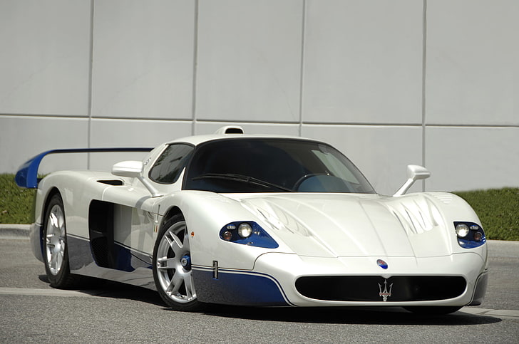 white super car, white, blue, Maserati, supercar, mc12, HD wallpaper