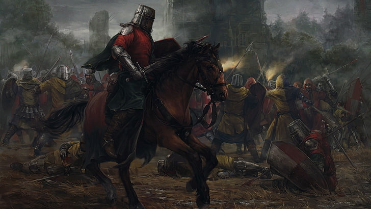 игровой плакат, рыцарь, средневековый, война, лошадь, шлем, поля битвы, раны, огонь, кровь, щит, копье, меч, доспехи, HD обои