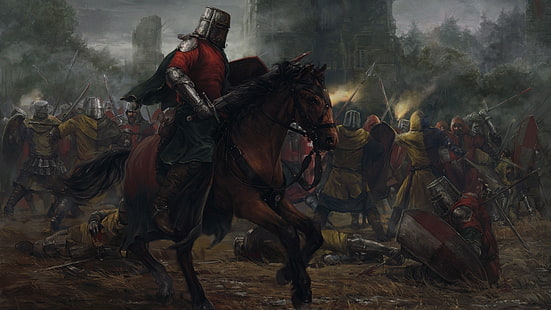 игровой плакат, рыцарь, средневековый, война, лошадь, шлем, поля битвы, раны, огонь, кровь, щит, копье, меч, доспехи, HD обои HD wallpaper
