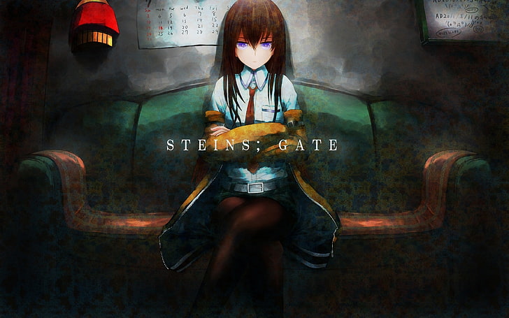 Steins Gate pintura, anime, Steins; Gate, Makise Kurisu, anime meninas, sofá, sentado, pernas cruzadas, olhos roxos, HD papel de parede