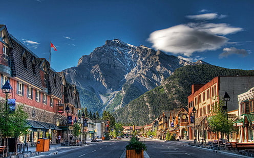 Малък град под планината, синя планина, свят, 1920x1200, планина, град, път, HD тапет HD wallpaper
